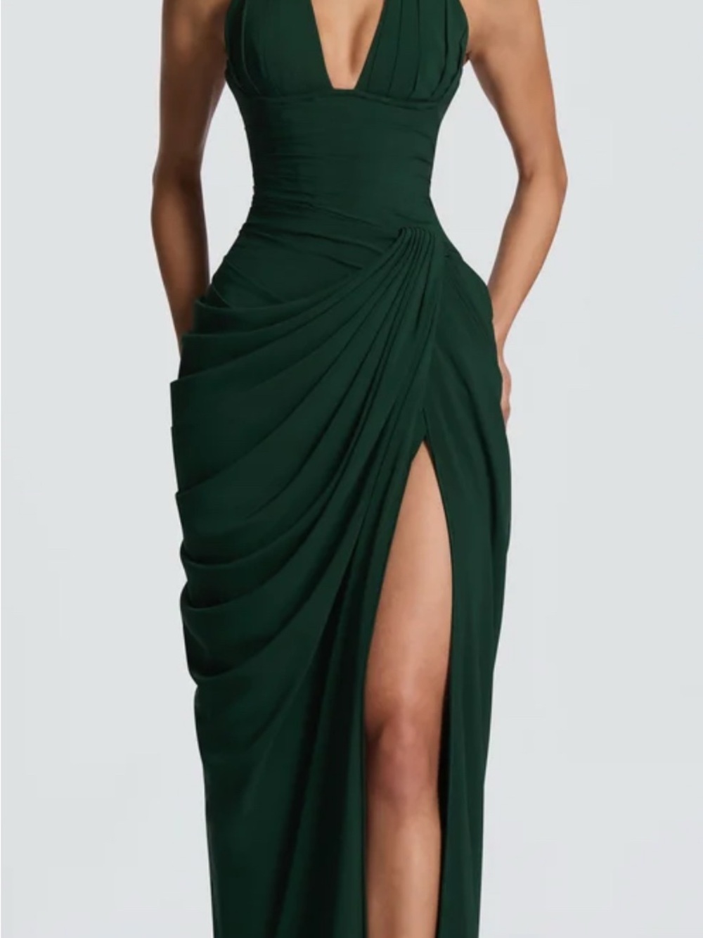 Deep Green Draped Plunge-Neck Evening Gown with High Slit